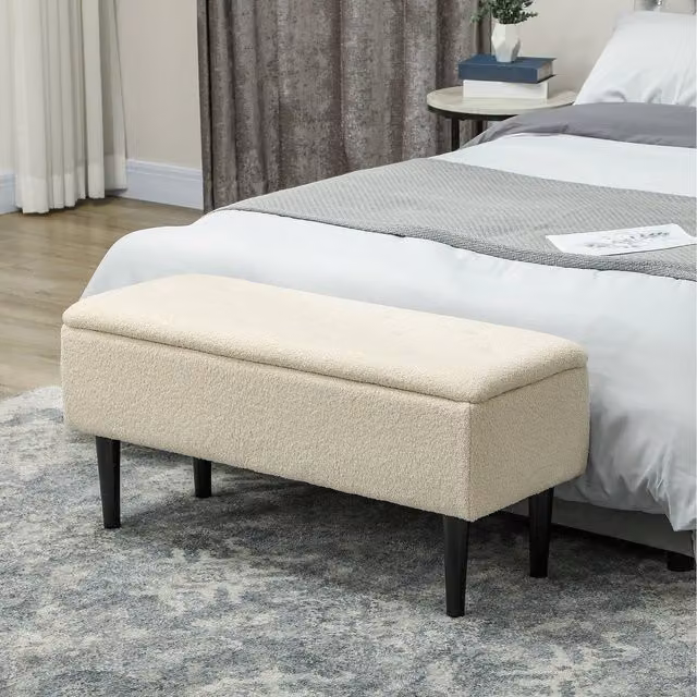 HOMCOM Modern Upholstered Ottoman Storage Box with Wooden Legs in Beige