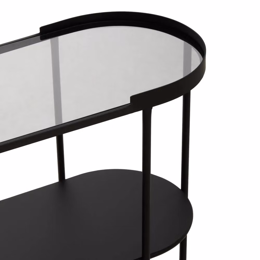Orsina Three Tier Modern Console Table with Black Metal Frame and Oval Glass Top – 4