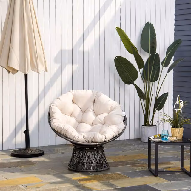 Outsunny 360 Degree Swivel Rattan Papasan Moon Bowl Chair in Beige
