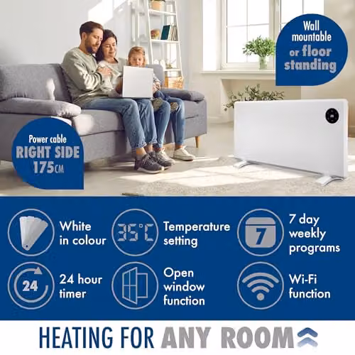 Purus 1800W WiFi Electric Convector Panel Heater, White, Wall Mounted or Freestanding with App Control and Thermostat – 3