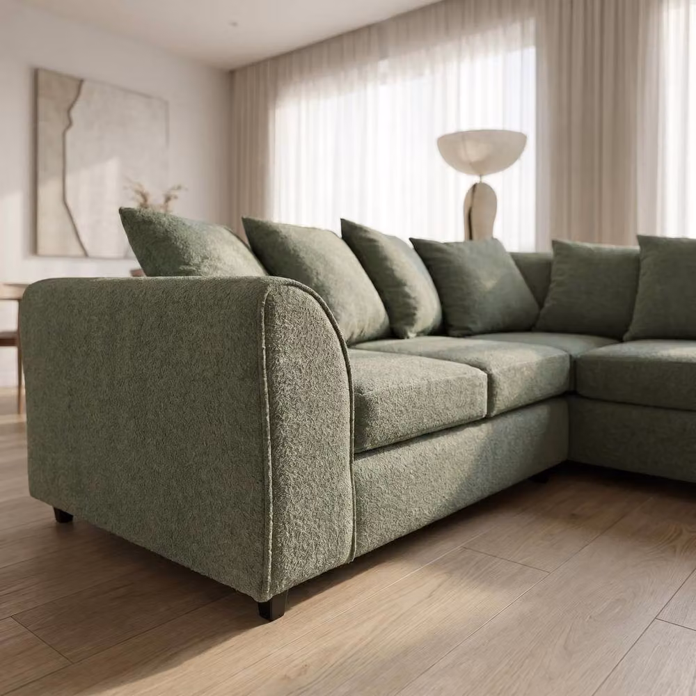 Abakus Direct Harriet Green Boucle Fabric Right Facing Corner Sofa with Chaise and Scatter Cushions – 2