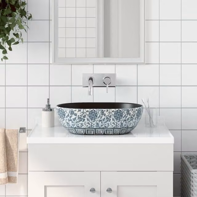 Berkfield Home Oval Ceramic Countertop Basin in Black and Blue, W: 47 cm, D: 33 cm, H: 13 cm