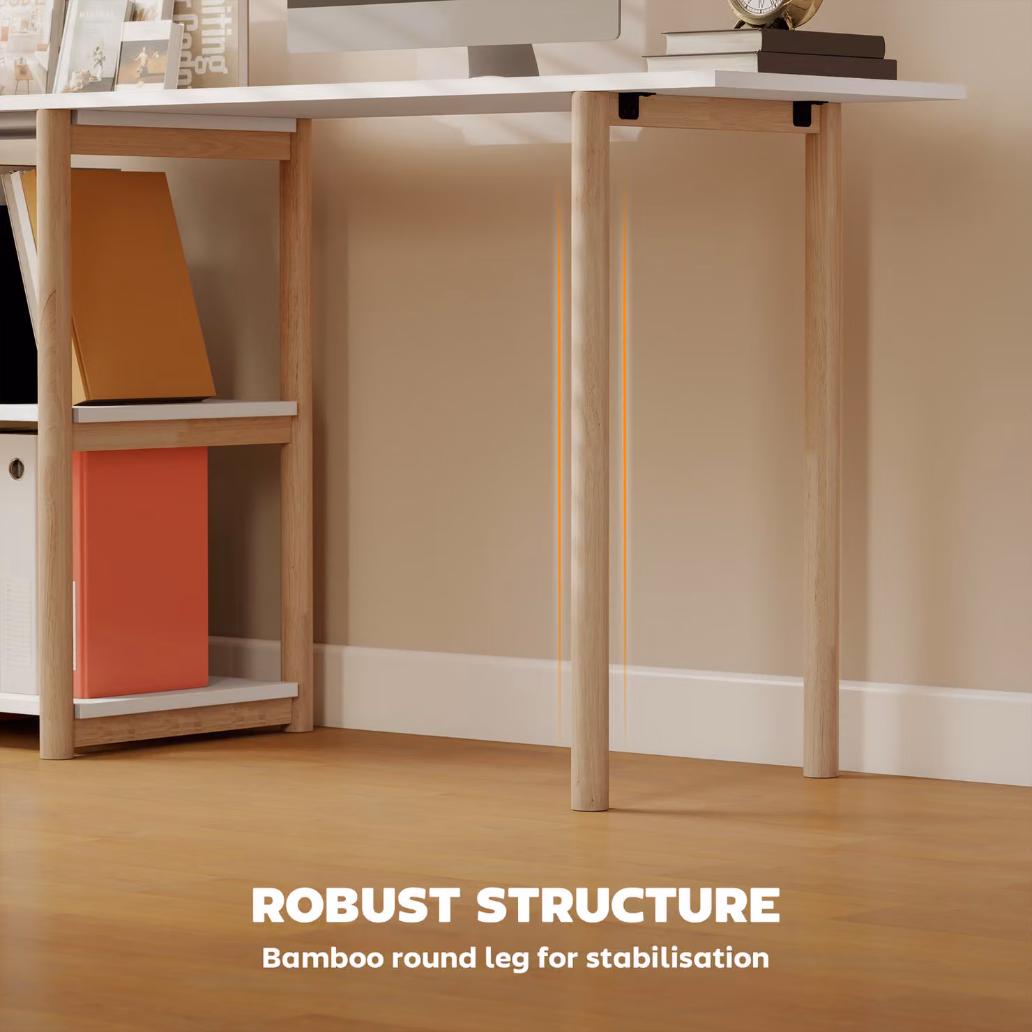 HOMCOM Modern Computer Desk with Storage Shelves and Bamboo Frame, White and Oak – 5