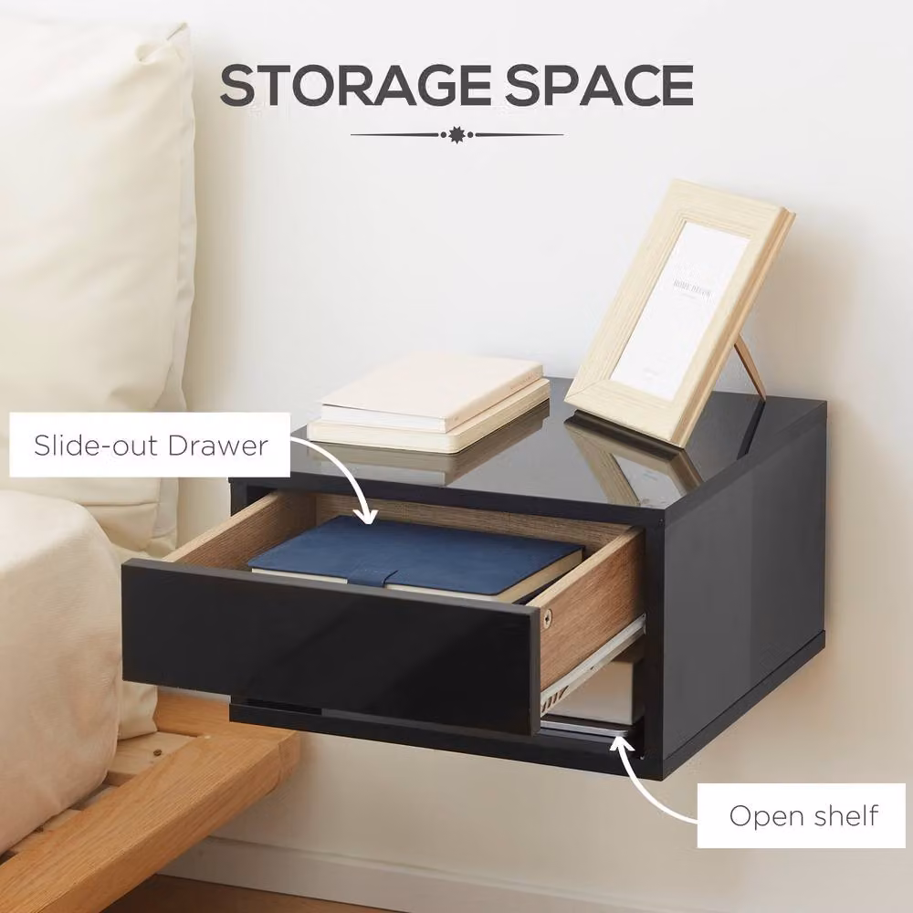 STILVORA Set of 2 Modern Wall Mounted Bedside Tables with Drawer, Black – 5