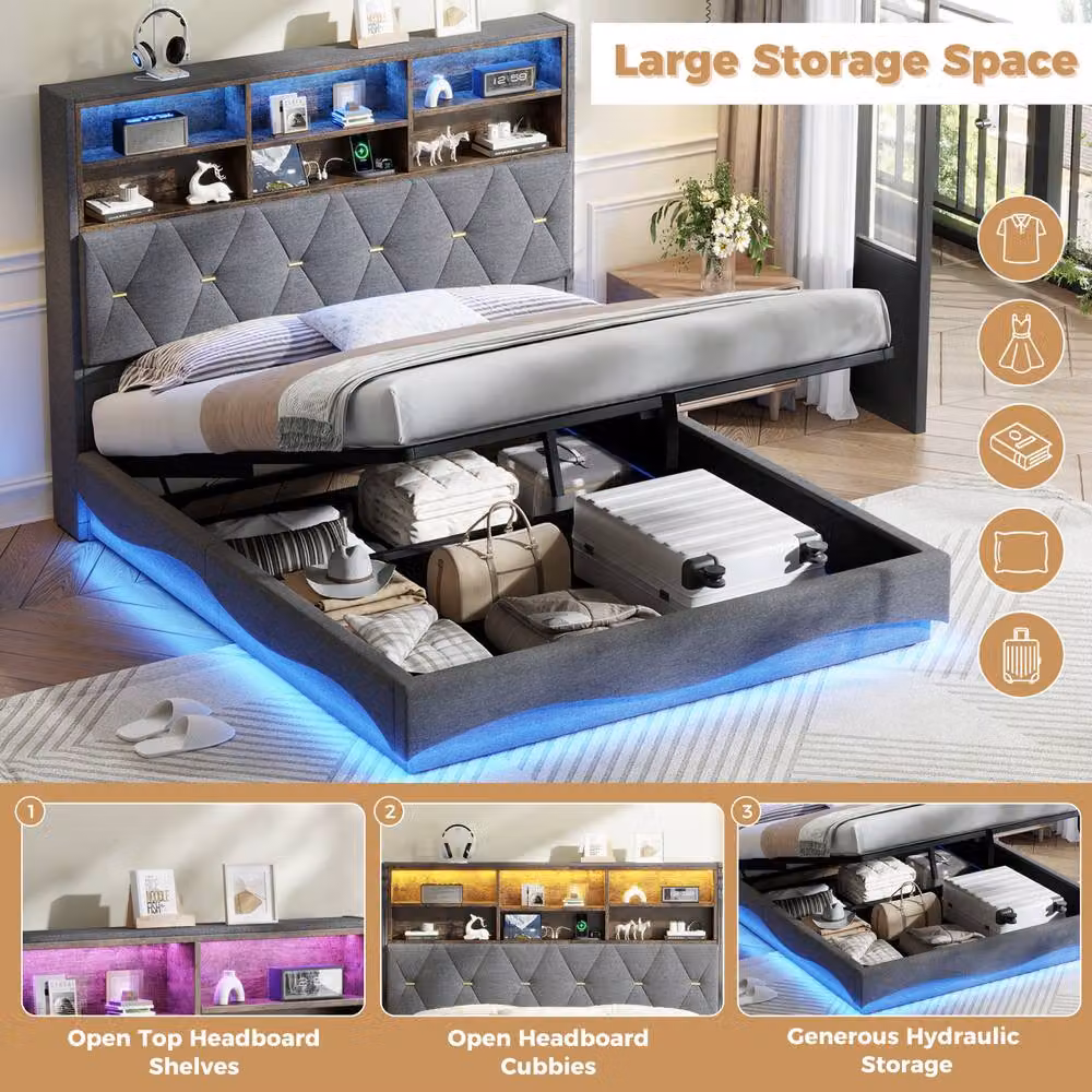 ModernLuxe Upholstered King Ottoman Bed in Grey with LED Headboard and USB Charging Port, W/D/H: 154 x 200 x 30 cm – 4