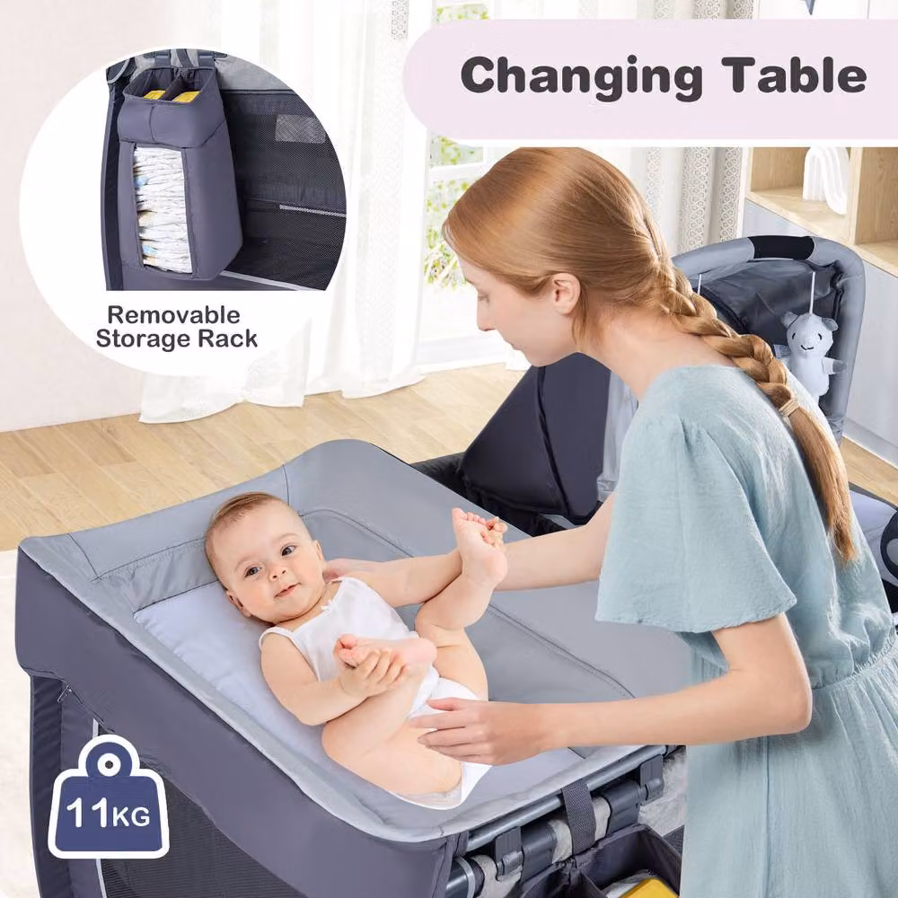Costway Foldable Pack and Play Portable Baby Playard with Rocking Bassinet and Music Box in Dark Grey – 7