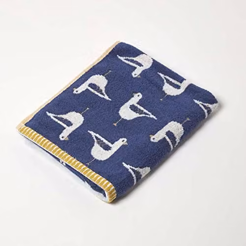 HOMESCAPES Navy Blue Bird Pattern Hand Towel, 100% Cotton, 500 GSM