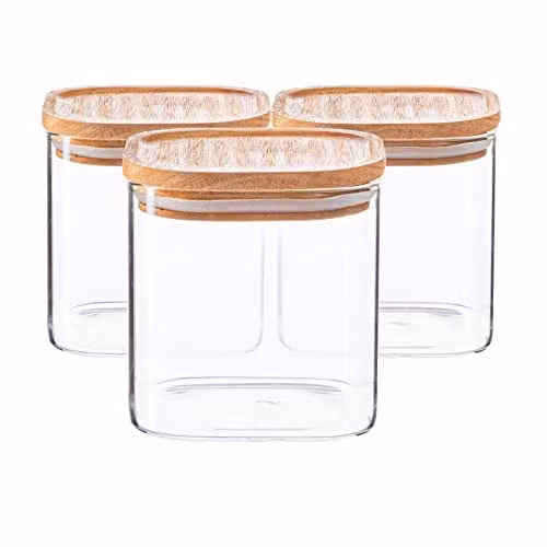 Argon Tableware 6 Pack Square Glass Storage Jars with Airtight Wooden Lids, 680ml, Transparent – 1
