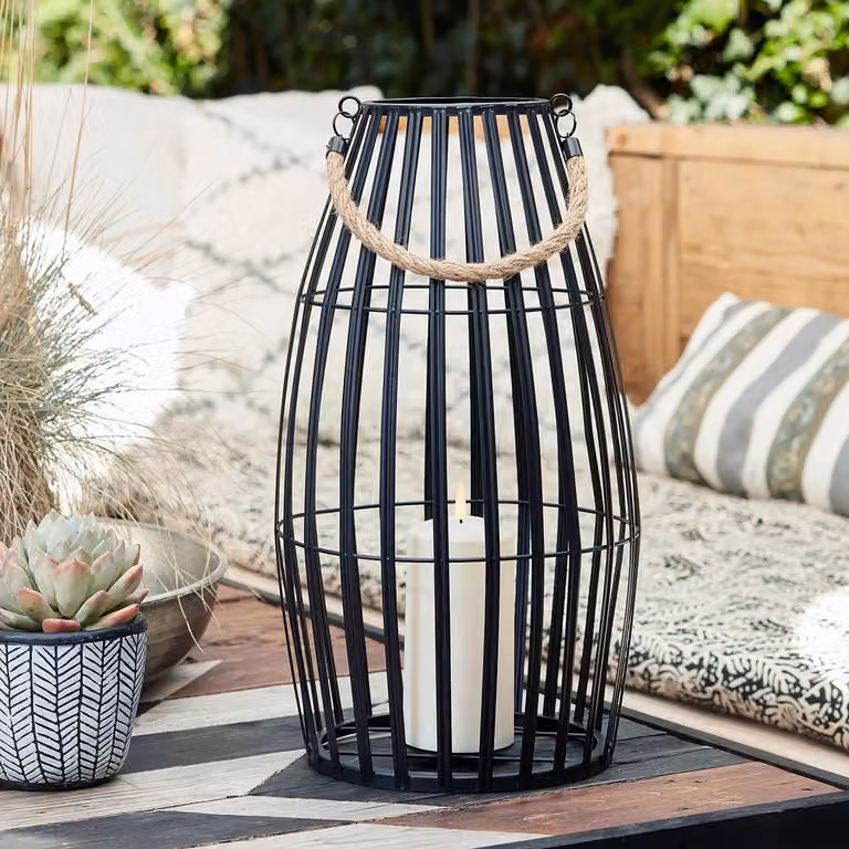 Lights4fun Canberra Large Black Slatted Metal Outdoor Lantern with TruGlow Warm White Flickering LED Candle and Remote Control