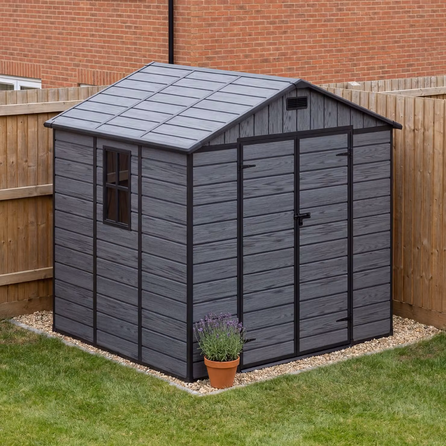 Breeins Plastic Garden Storage Shed with Double Doors and Gable Roof, Dark Grey