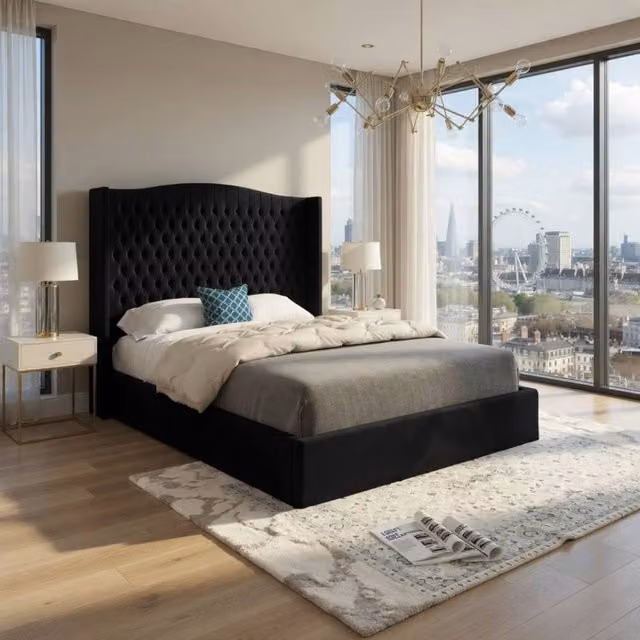 KDMD Stockport Winged Upholstered Chesterfield Bed Frame in Black Velvet, W/D/H: 144 x 137 x 200 cm – 1