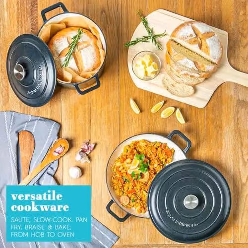 Argon Tableware Oval Enamelled Cast Iron Casserole Dish with Self-Basting Lid, Black, 4.68L – 4