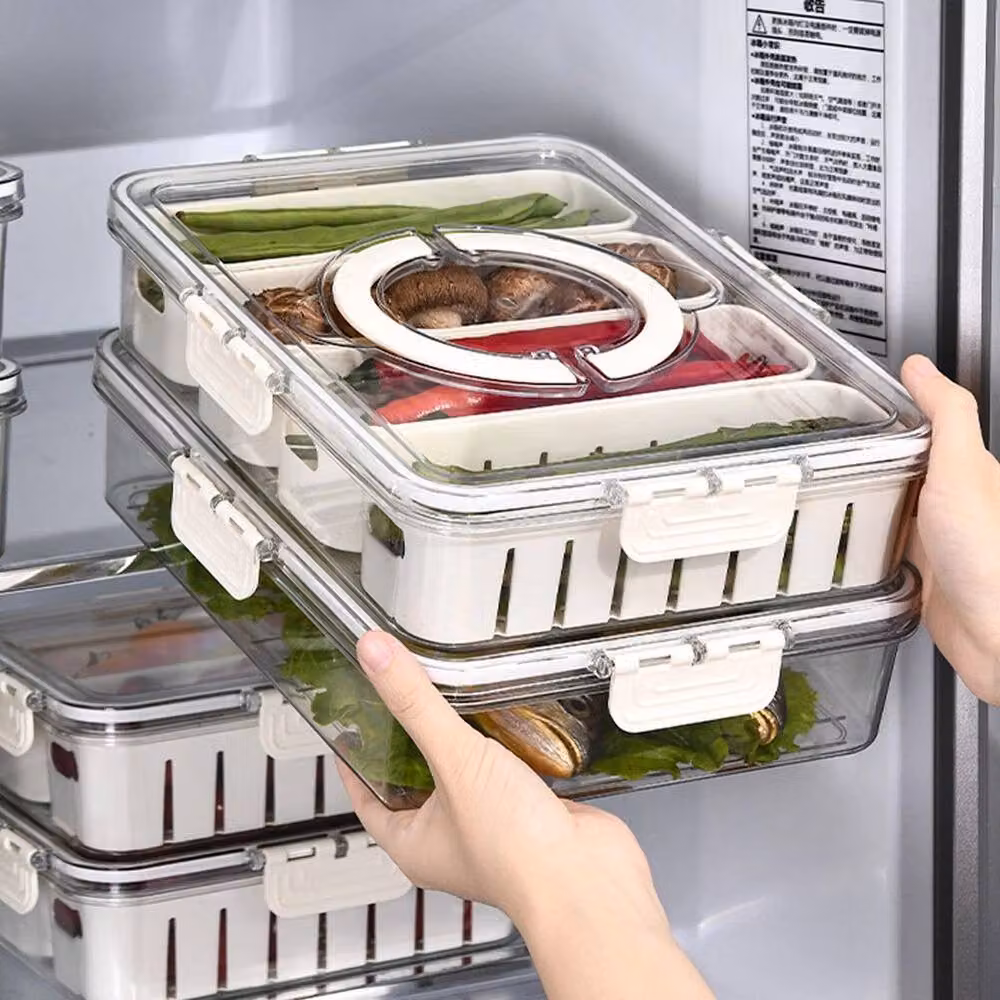 KORVIXA 2-Grid Clear Fridge Crisper Box with Drain Basket, White and Transparent, W: 24 cm, D: 17 cm, H: 7 cm – 2