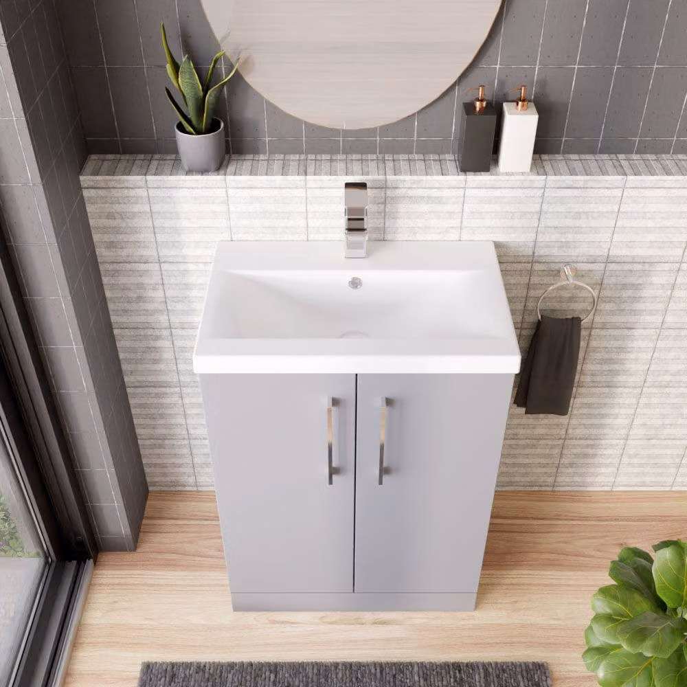 Balterley Modern Bathroom Floor Standing Vanity Unit with 2 Soft Close Doors and Rectangular Mid-Edge Basin, Satin Grey, W: 60 x D: 39 x H: 84 cm – 3