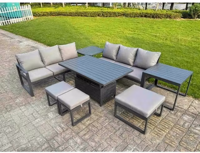 Fimous 8-Piece Modern Powder Coated Aluminium Garden Sofa Set in Grey with Upholstered Cushions, Lifting Coffee Table and Ottoman