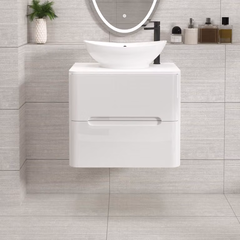 Royal Bathrooms Venice 600mm Gloss White Wall Hung Vanity Unit with 2 Drawers and Amaze Basin