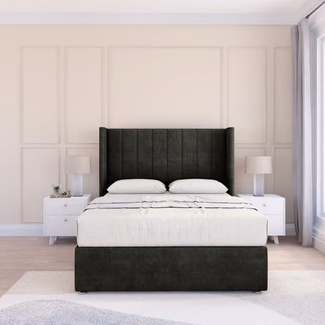 Sloomy Falcon Dumfries Wingback Bed Set in Black Velvet with Floor Standing Headboard, Size: 90 x 200 cm