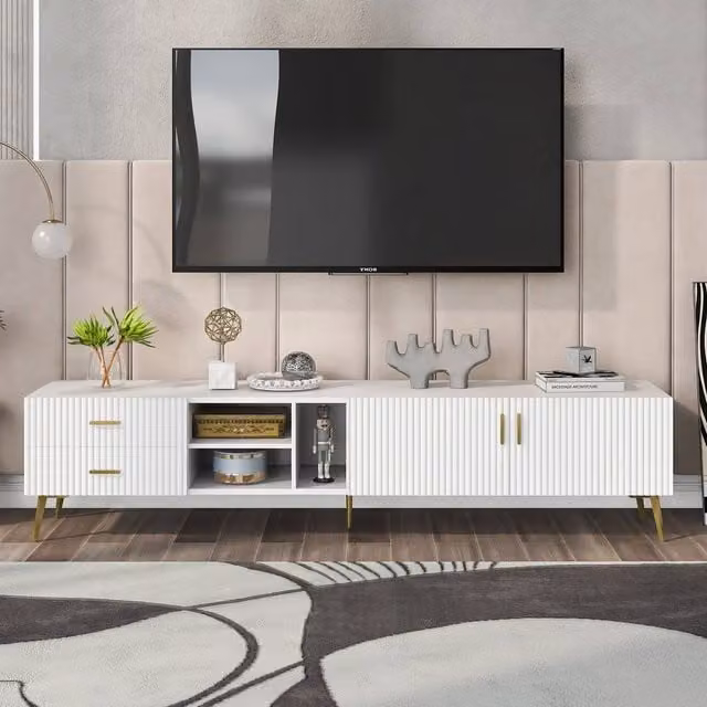 Merax Modern White Fluted TV Stand with Gold Legs, W: 180 cm, D: 41 cm, H: 41 cm – 1