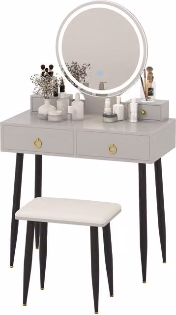 Gymax Grey Dressing Table with Stool and LED Lighted Hollywood Mirror and Drawers – 1