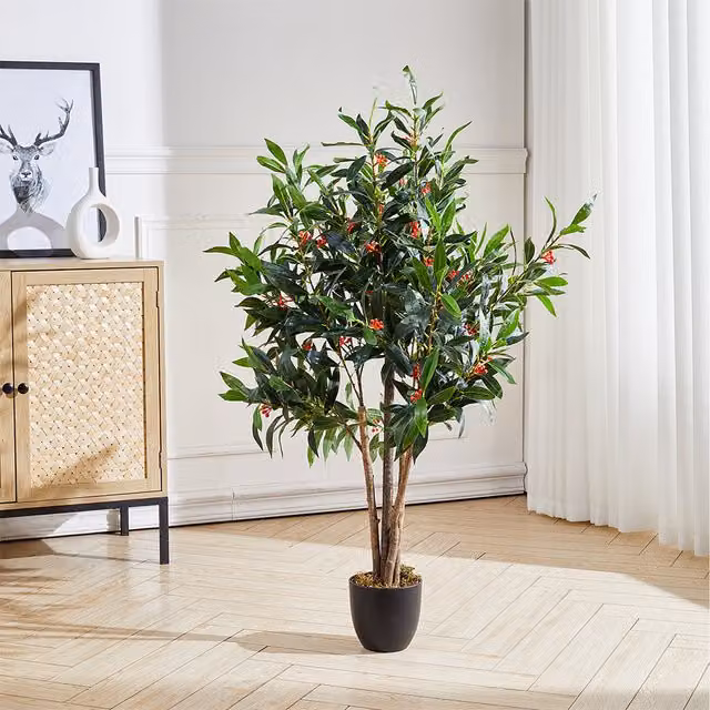 Livingandhome Green Mediterranean Artificial Tabletop Olive Tree in a Plastic Pot