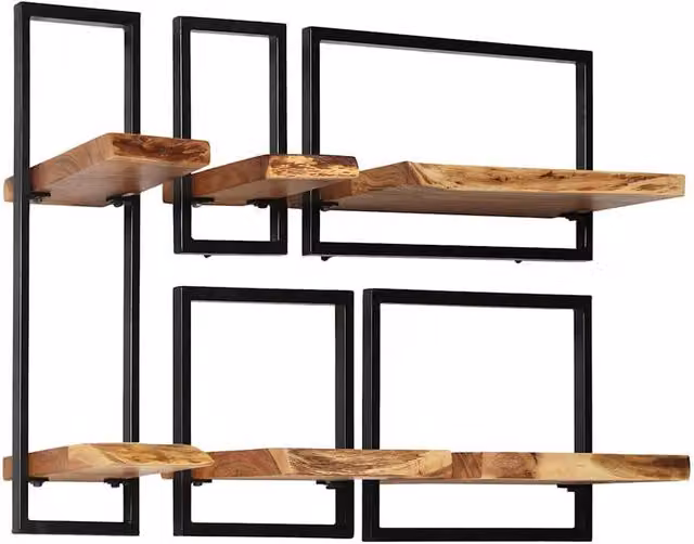 Berkfield Home 5 Piece Set of Industrial Wall Mounted Shelves in Brown Solid Acacia Wood and Steel – 1