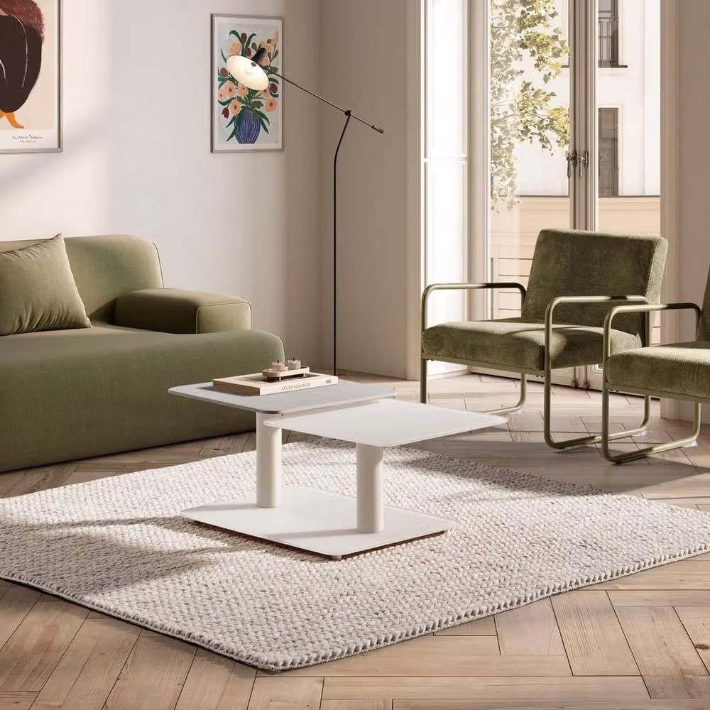 CALICOSY KAYA Swivel Coffee Table with Square Glass Tops in Beige – 2