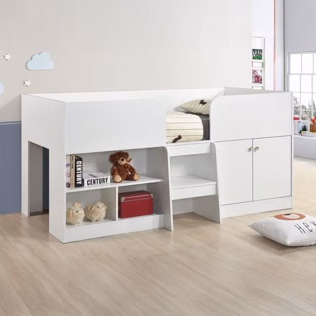 Swish Furniture Nova Elevated Single Childrens Bed Frame with Bedside Shelf and Side Compartments in White