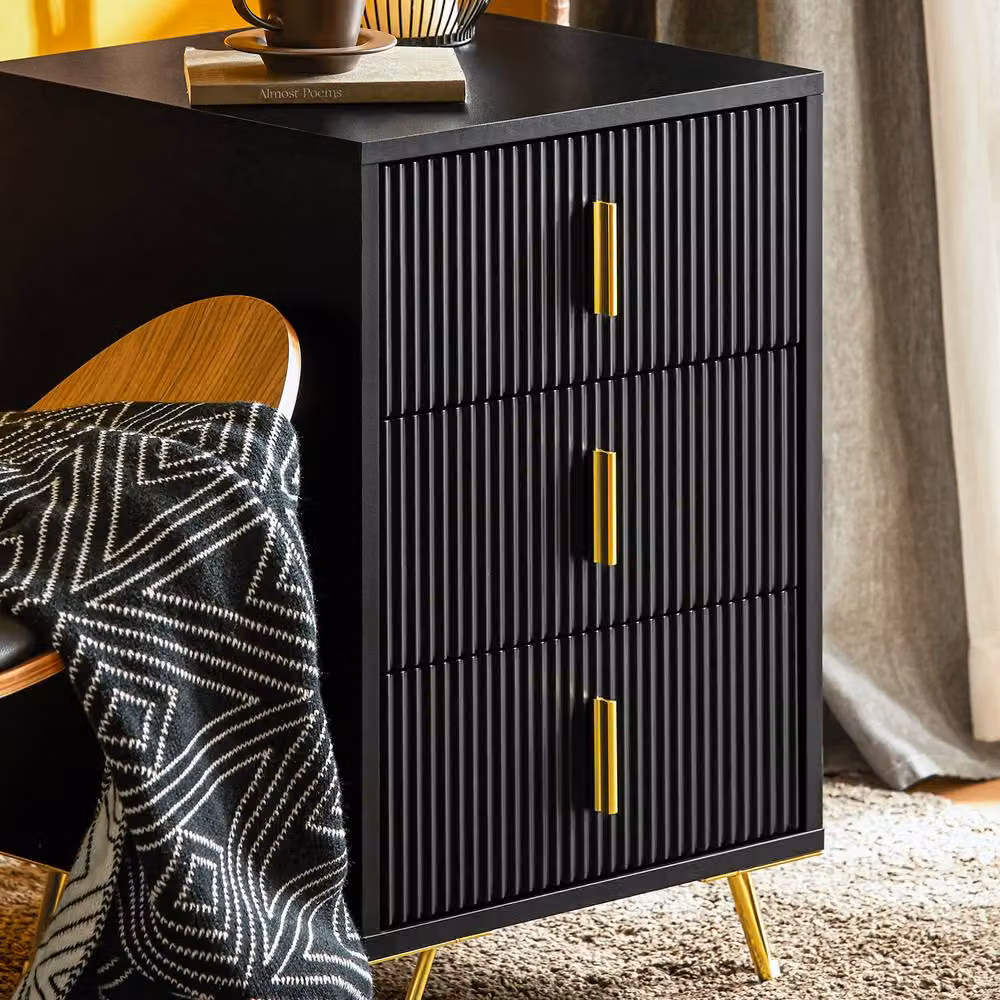 SoBuy Set of 2 Black Bedside Tables with 3 Drawers, Ribbed Front and Gold Legs, H63 x W40 x D40 cm – 3