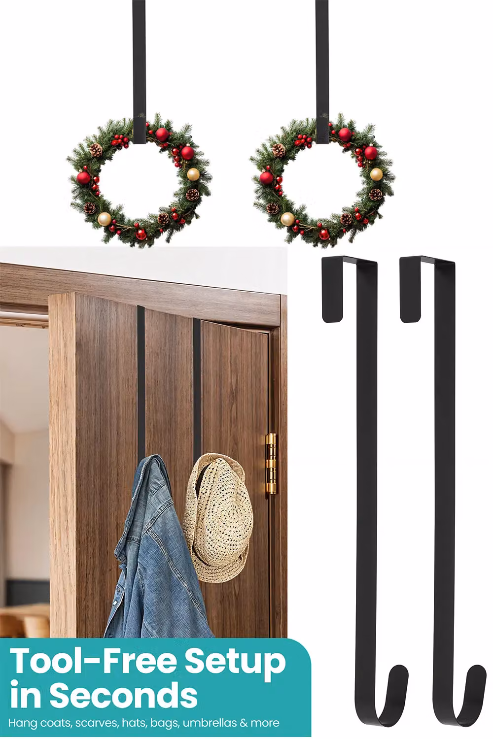 Neel Blue 2-Piece Set of White Metal Wreath Door Hangers with Black Adjustable Hooks – 4