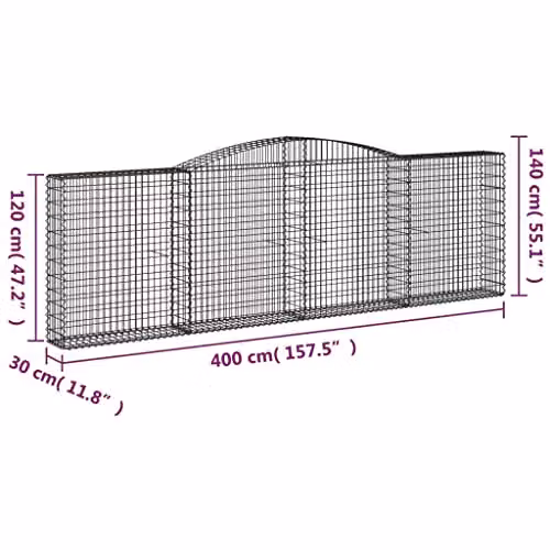 vidaXL 20-piece Arched Gabion Baskets in Silver Galvanised Steel, W/D/H: 400 x 30 x 120/140 cm