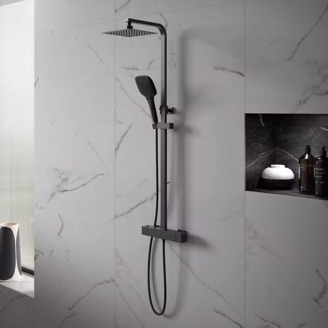 Bathroom Kingdom Menai Premium Matt Black Square Thermostatic Exposed Shower Set with Rain Overhead Shower and Hand Shower