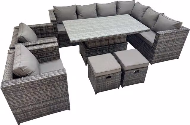 Fimous 10-Seater PE Rattan L-Shape Corner Sofa Set with Lift Table and Tempered Glass in Dark Grey Mixed