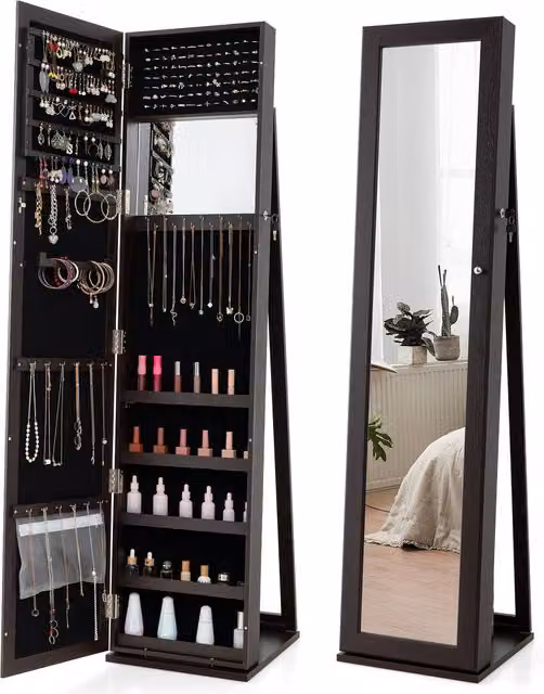COSTWAY 3-in-1 Modern Freestanding Mirrored Jewellery Armoire in Brown