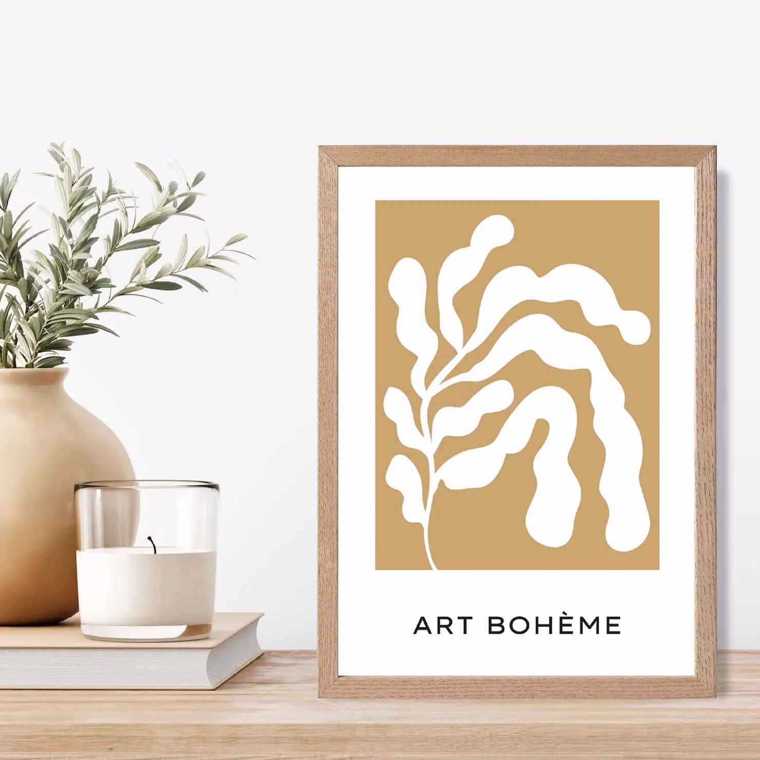 ARTZE Matisse Style Floral Cutout Framed Print in Mustard Yellow and White with Oak Frame, A3 – 2