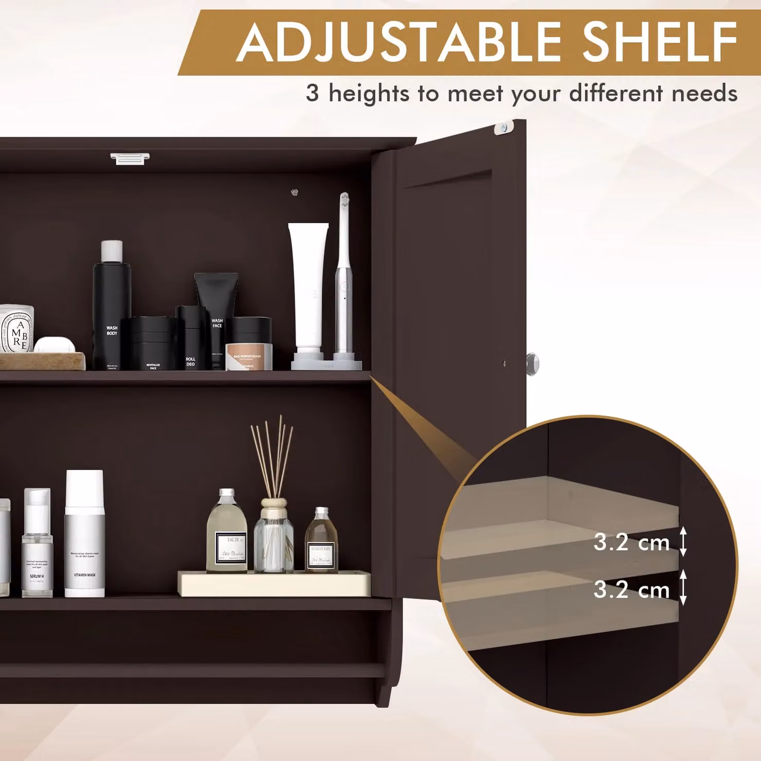 Gymax Brown Wall Mounted Bathroom Cabinet with Towel Bar and Adjustable Internal Shelves – 5