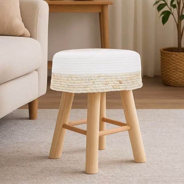 Orsina Grey and White Cotton Rope Stool with Wood Frame, W/D/H: 50 x 35 x 35 cm – 2