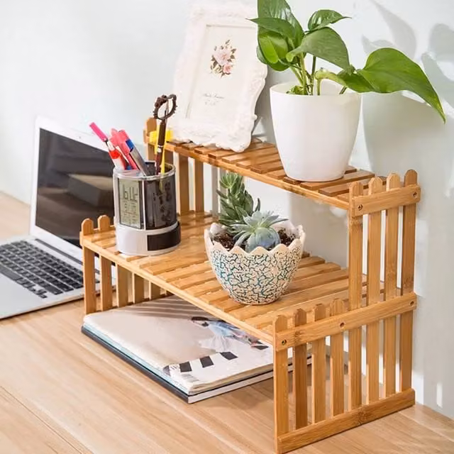 KORVIXA 2 Tier Rustic Wood Plant Stand in Natural Brown