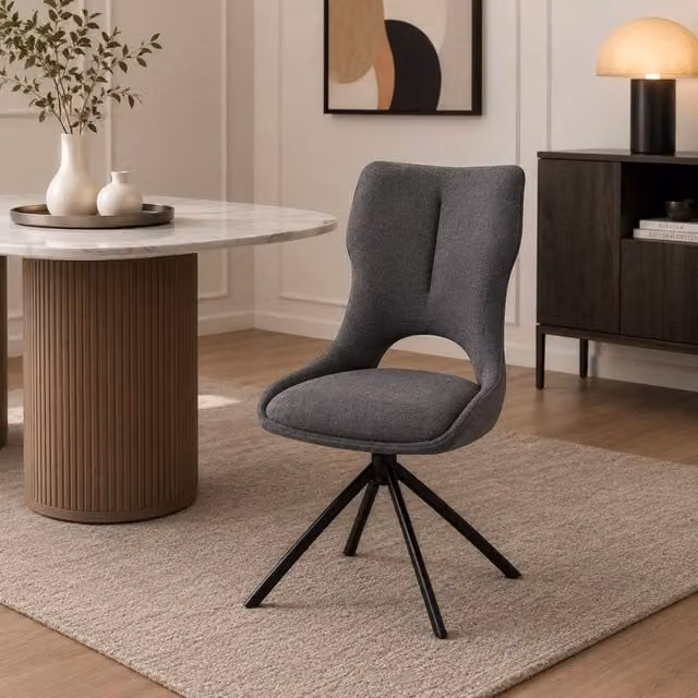 Stratus Interiors Roseland Luxury Upholstered Swivel Dining Chair in Grey with Black Metal Base, H 88 cm x W 60 cm x D 58 cm