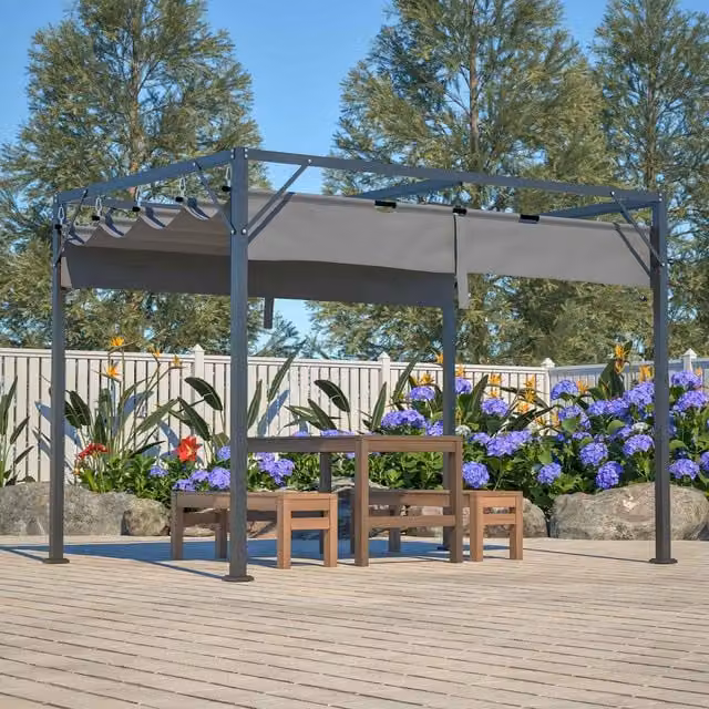 BIRCHTREE Steel Frame Pergola with Adjustable PE Canopy in Grey, W: 300 cm, D: 200 cm