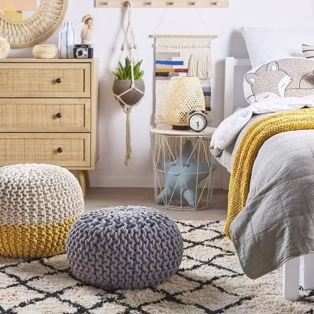 Wyld and Coco Dark Grey Knitted Cotton Pouffe Ottoman, W/D/H: 40 x 25 cm