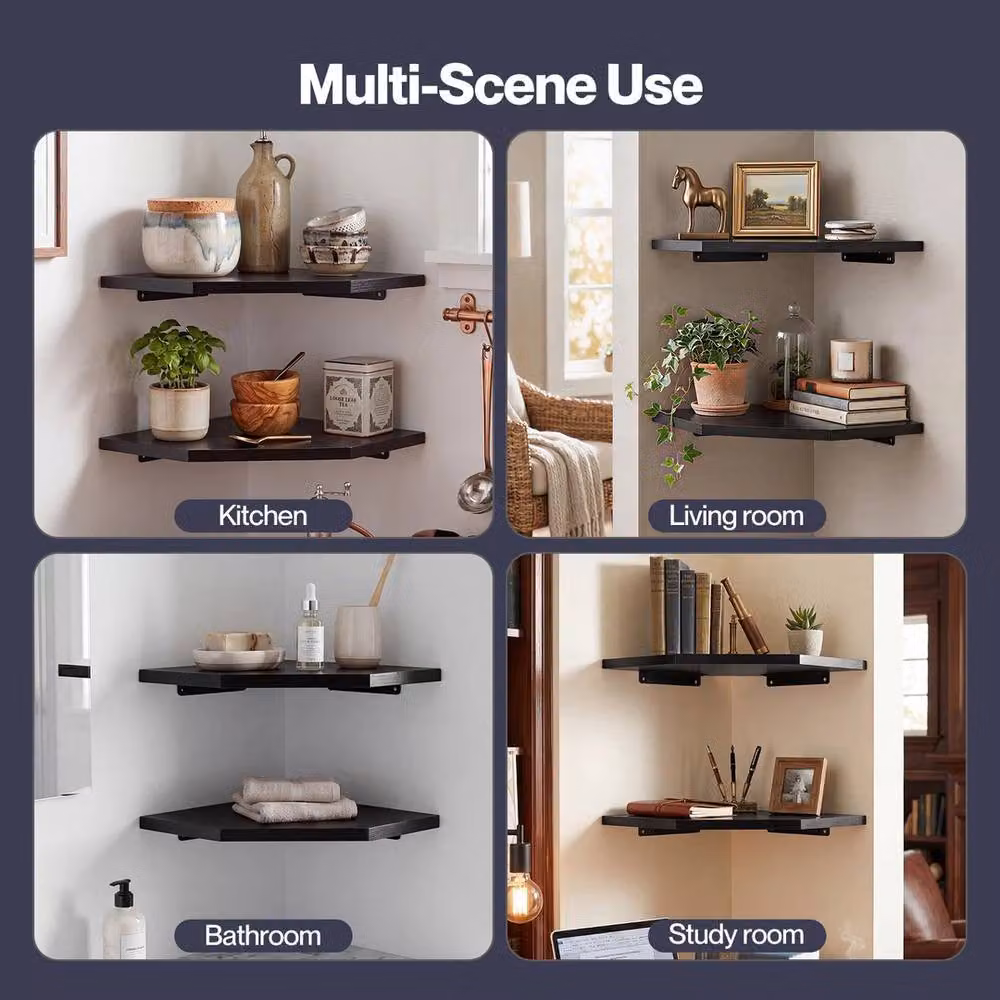 VOGREX Set of 2 Black Matt Wall Mounted Floating Corner Shelves – 5