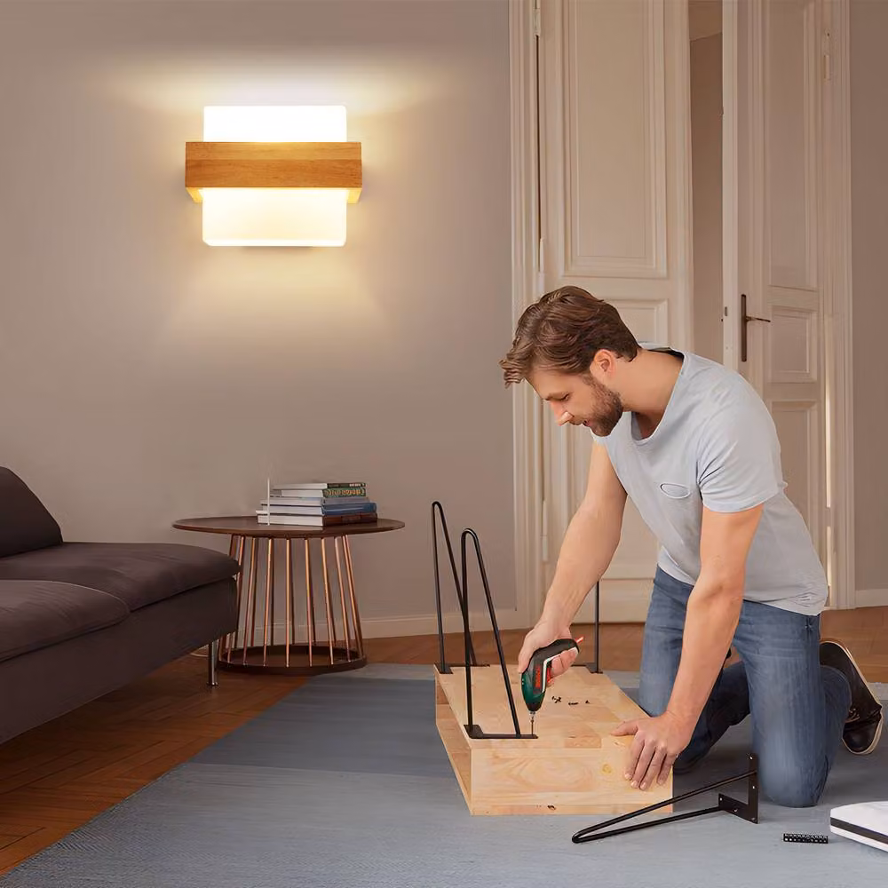Pheashine Square Wooden LED Wall Light, 12W Scandinavian Style, Brown/Wood with E27 Bulb, H 22 cm x W 17 cm x D 17 cm – 5