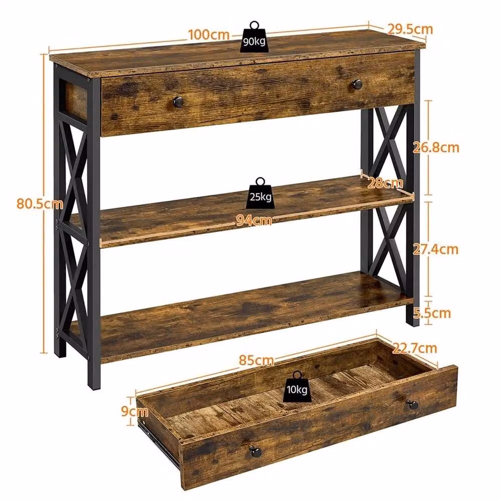 KORVIXA 3-Tier Vintage Wood and Metal Console Table, Brown, W: 100 cm, D: 29.5 cm, H: 80.5 cm – 2