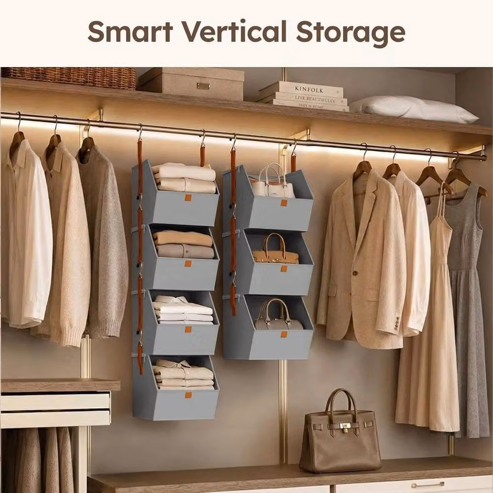 KORVIXA 4 Tier Hanging Wardrobe Organiser with Foldable Fabric Shelves in Grey, W: 90 cm – 5