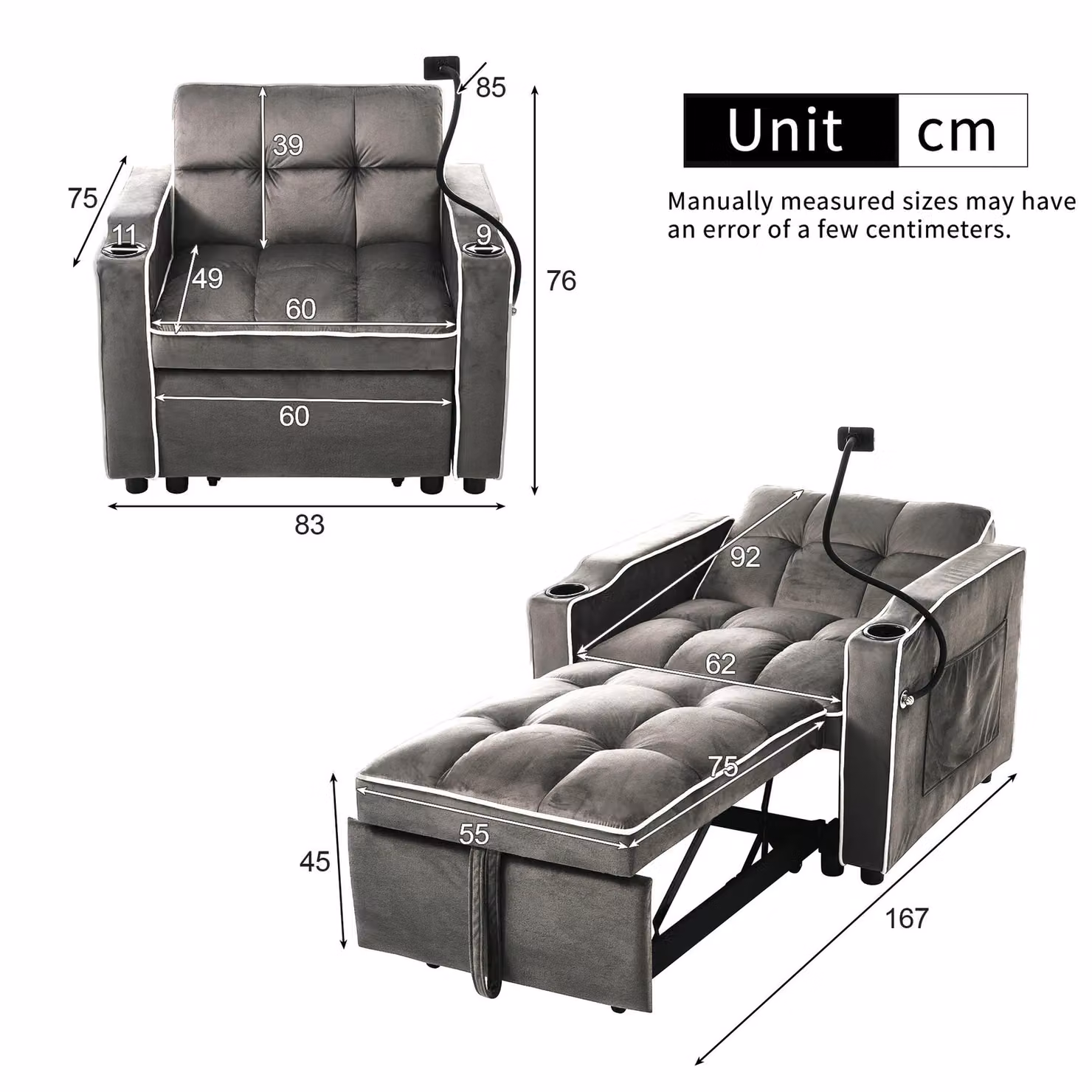 Aosom UK Expandable Velvet Sofa Bed with 3-Position Backrest in Dark Grey, W/D/H: 167 x 83 x 76 cm – 3