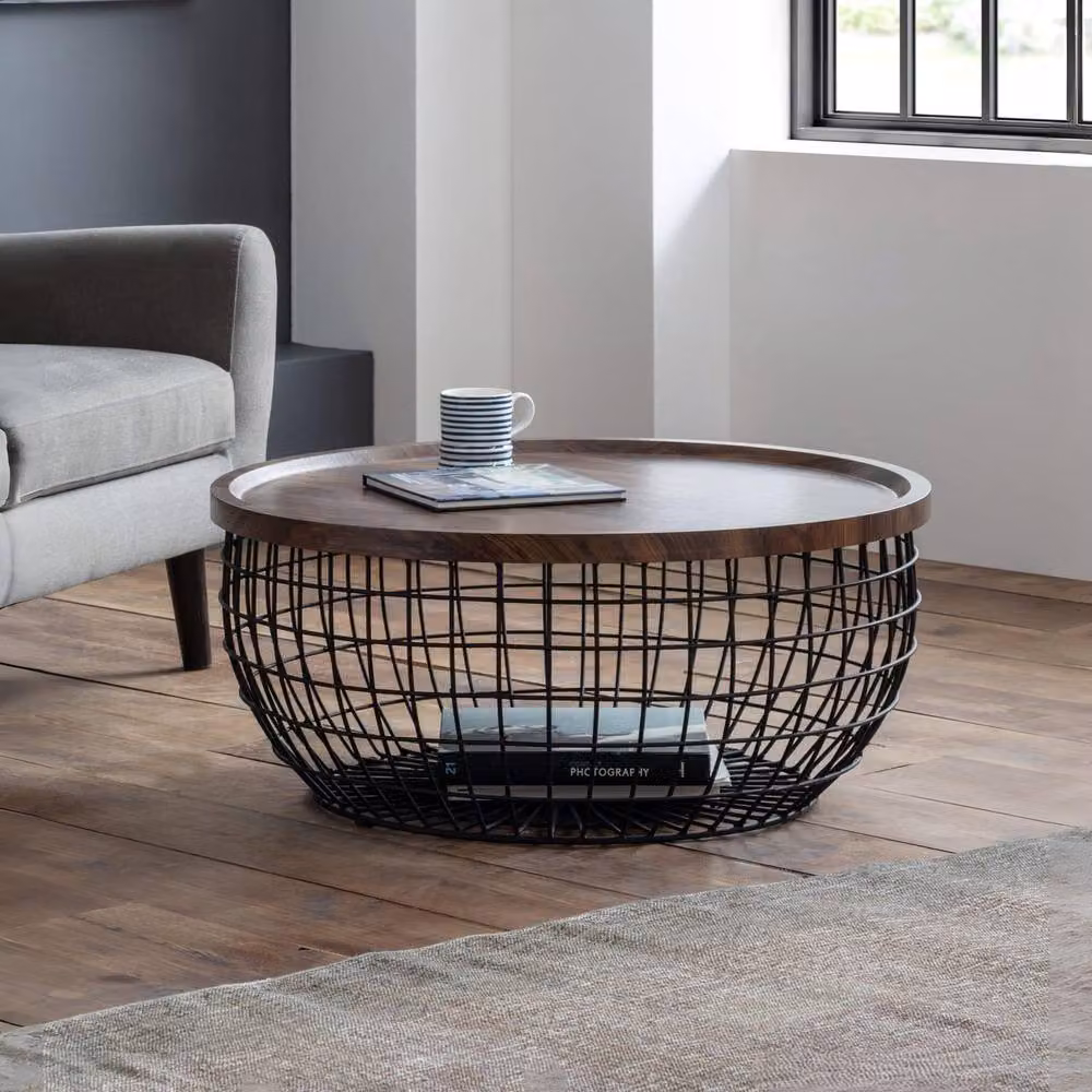 Cheshire Hadley Industrial Round Storage Coffee Table in Walnut and Black with Lift Mechanism – 3