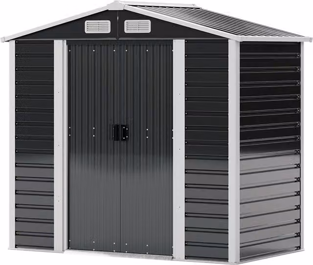 Palram Livingandhome 7x4 Apex Metal Garden Shed with Sliding Gable Doors and Side Vent in Grey