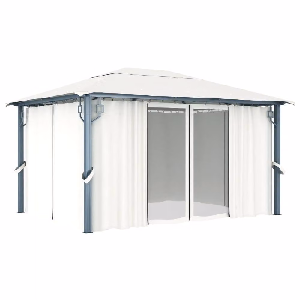 Berkfield Home Aluminium Gazebo with Curtains and LED String Lights, Beige