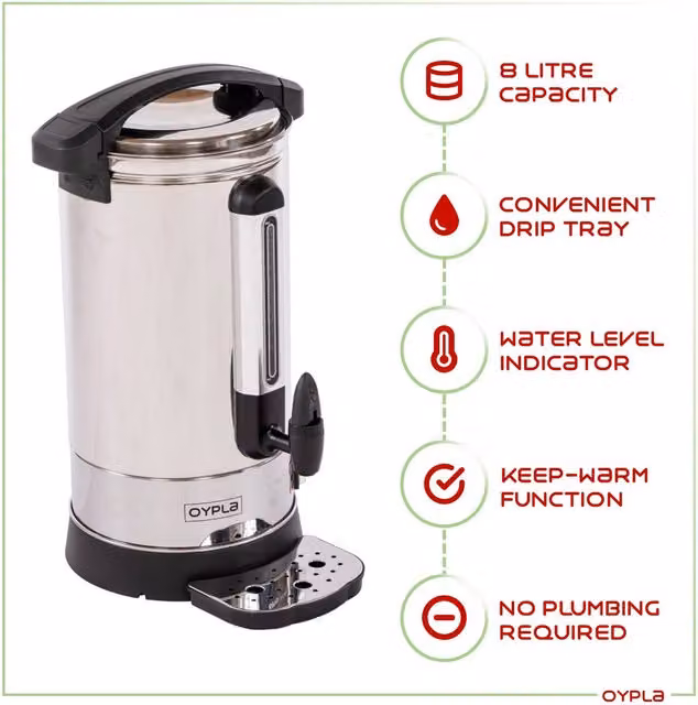 Oypla 8L Electrical Catering Hot Water Boiler in Silver Stainless Steel