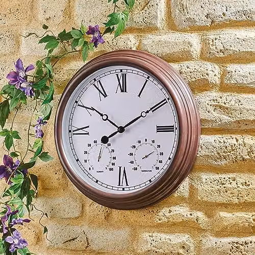 Burwells Vintage Outdoor Waterproof Garden Wall Clock with Hygrometer and Thermometer in Brown, Diameter: 38 cm – 3